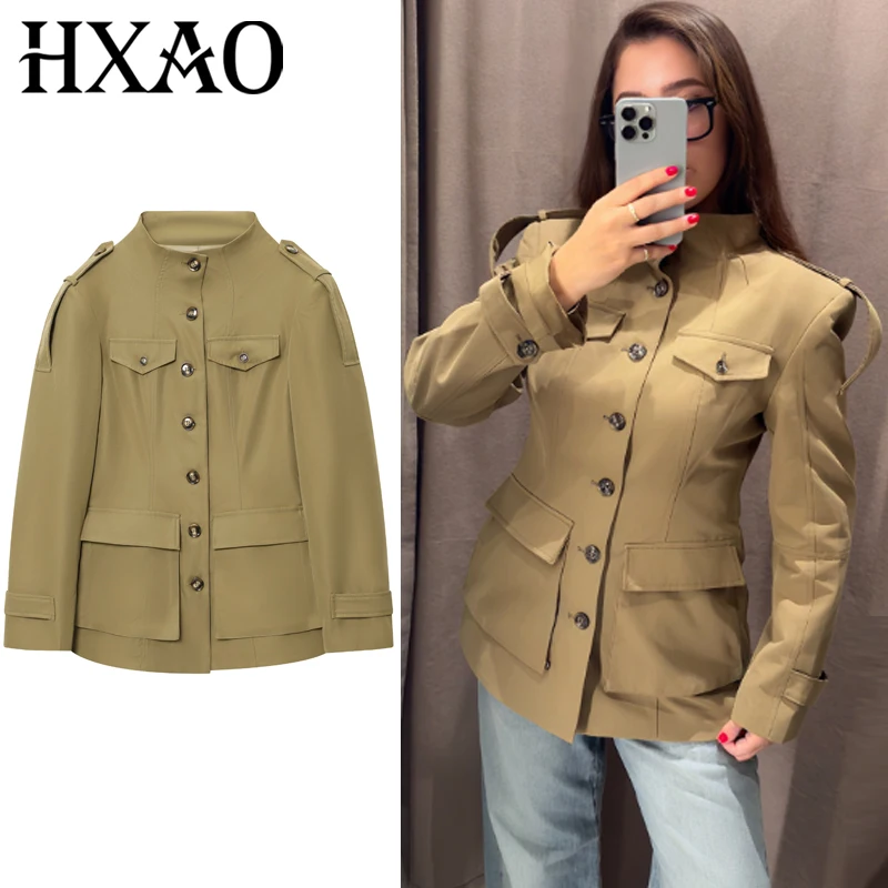 

HXAO Женская куртка 2025 г. Зеленая верхняя одежда на пуговицах Новые пальто и куртки Элегантный женский топ с длинными рукавами Модные уличные пальто