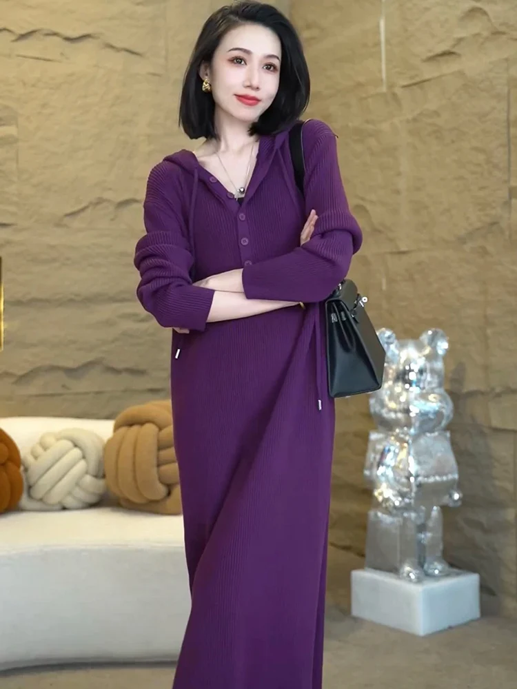 

Французская вязаная толстовка с капюшоном Dr, женский свободный свитер средней длины выше колена, базовый слой, осень-зима, Новое поступление