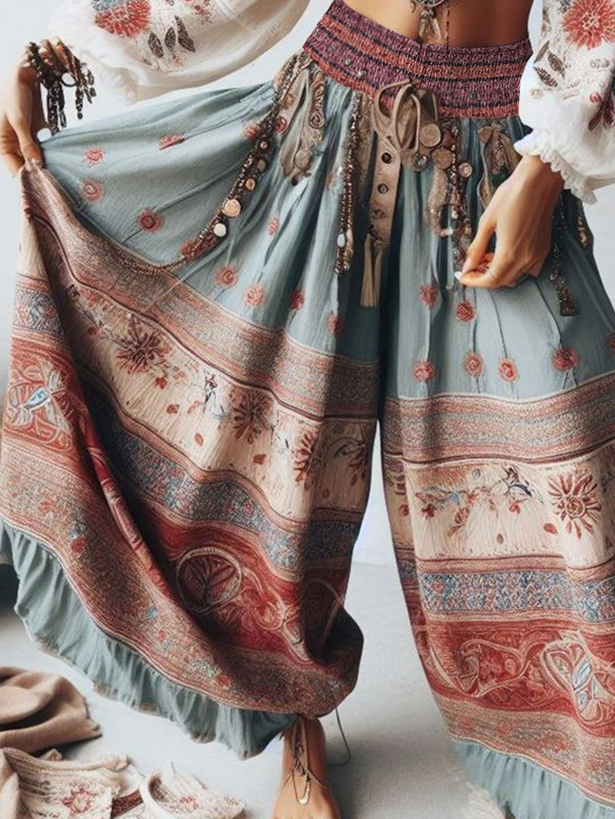 Customization Women Harajuku Thin Casual Pants Fashion Ethnic Style Floral Wide Leg Ruffle Pants Loose Elastic Waist Ankle Lengt
