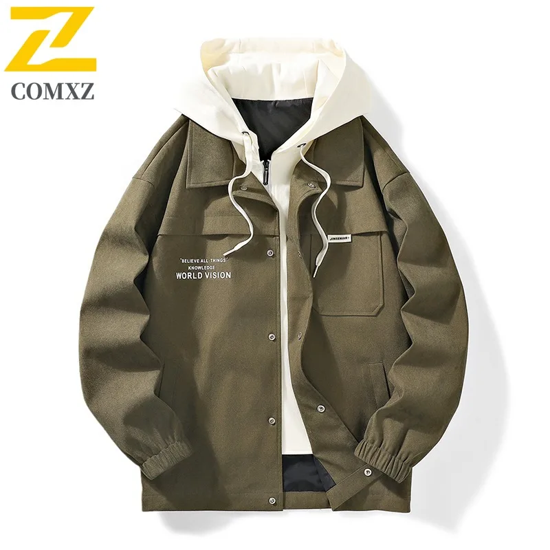 

COMXZ 2025 Men's Fashion Fake Two Piece Hooded Jacket Youth Trendy Handsome College Style Baseball Lightweight Coat