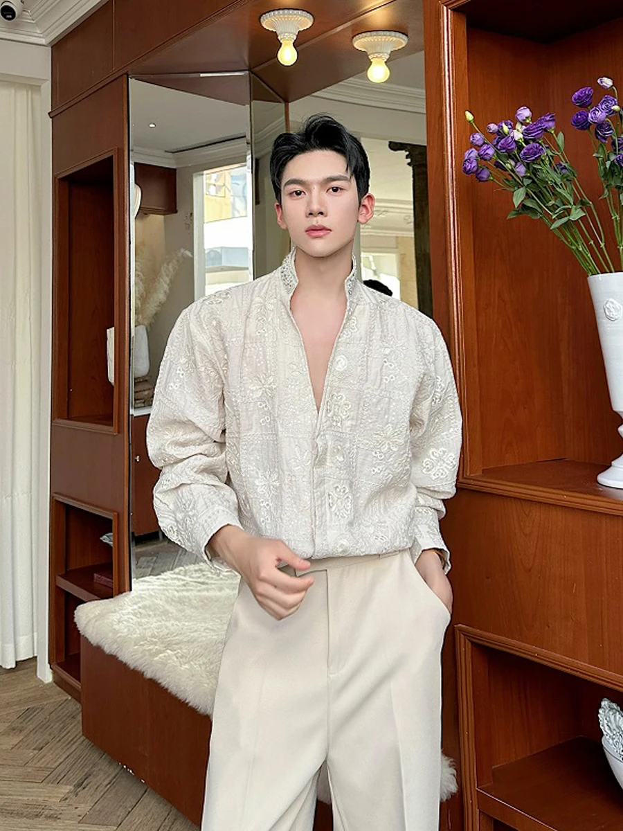 

Summer Long Sve Embroidered Brocade irt Pearl Rhinestone Stand Collar Men's Faionable Casual Loose Fit Youth