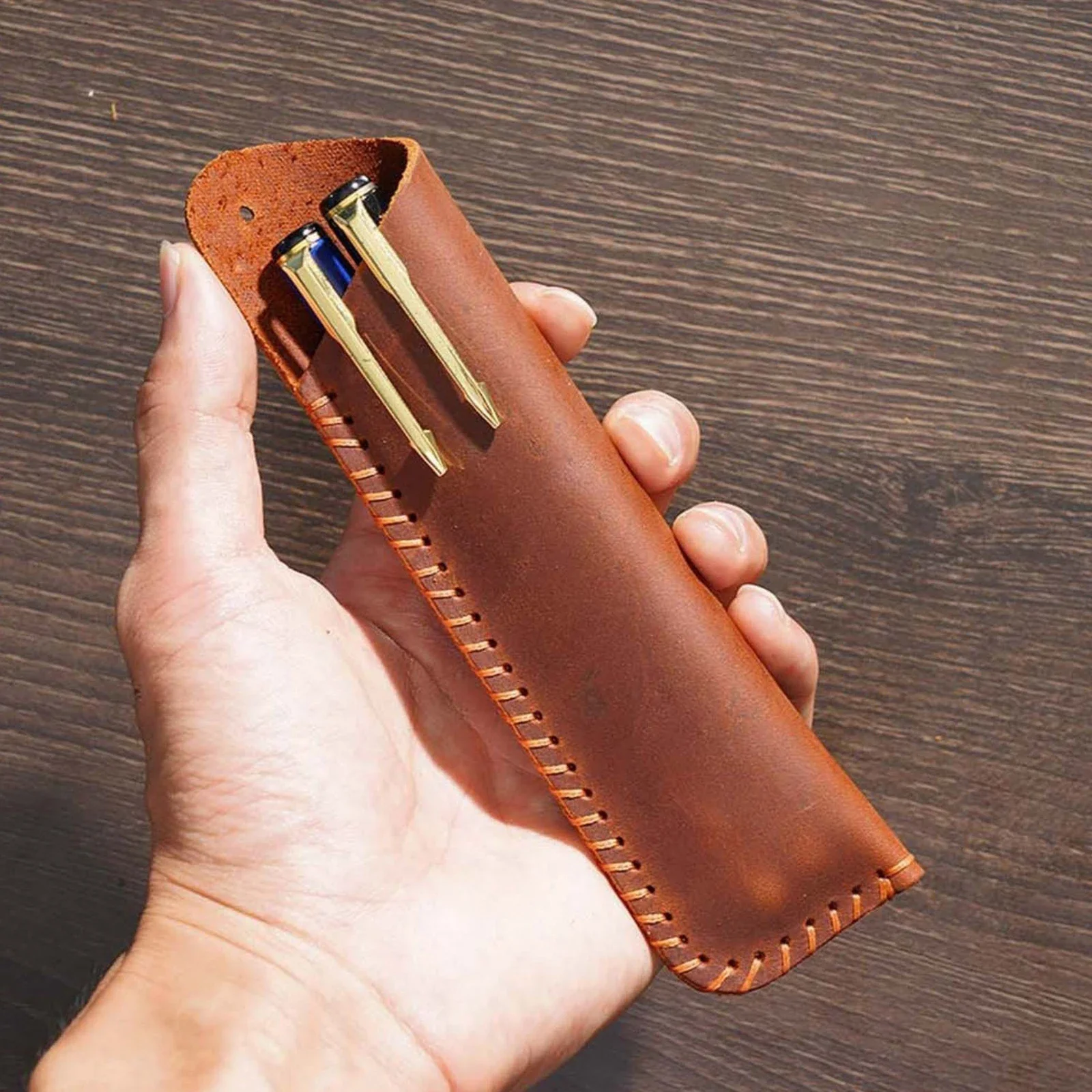 Soft Leather Pencil Case Holder, Handmade Pen Bag Pen Pouch Simple Stationery Protective Cover for Writing Tool, School & Travel