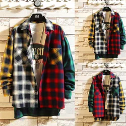 Men Streetwear Thick Shirts Men Clothing Harajuku Color Block Flannel Plaid Shirt Long Sleeve Male Vintage Fashions Korean Coats