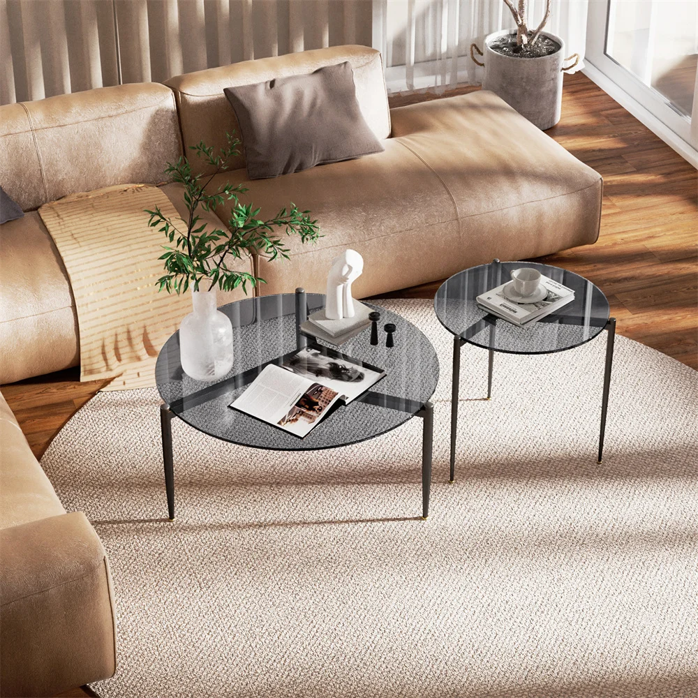 LUVODI Modern Coffee Table Round Tempered Glass Sofa Side Accent Table with Metal Frame for Living Room
