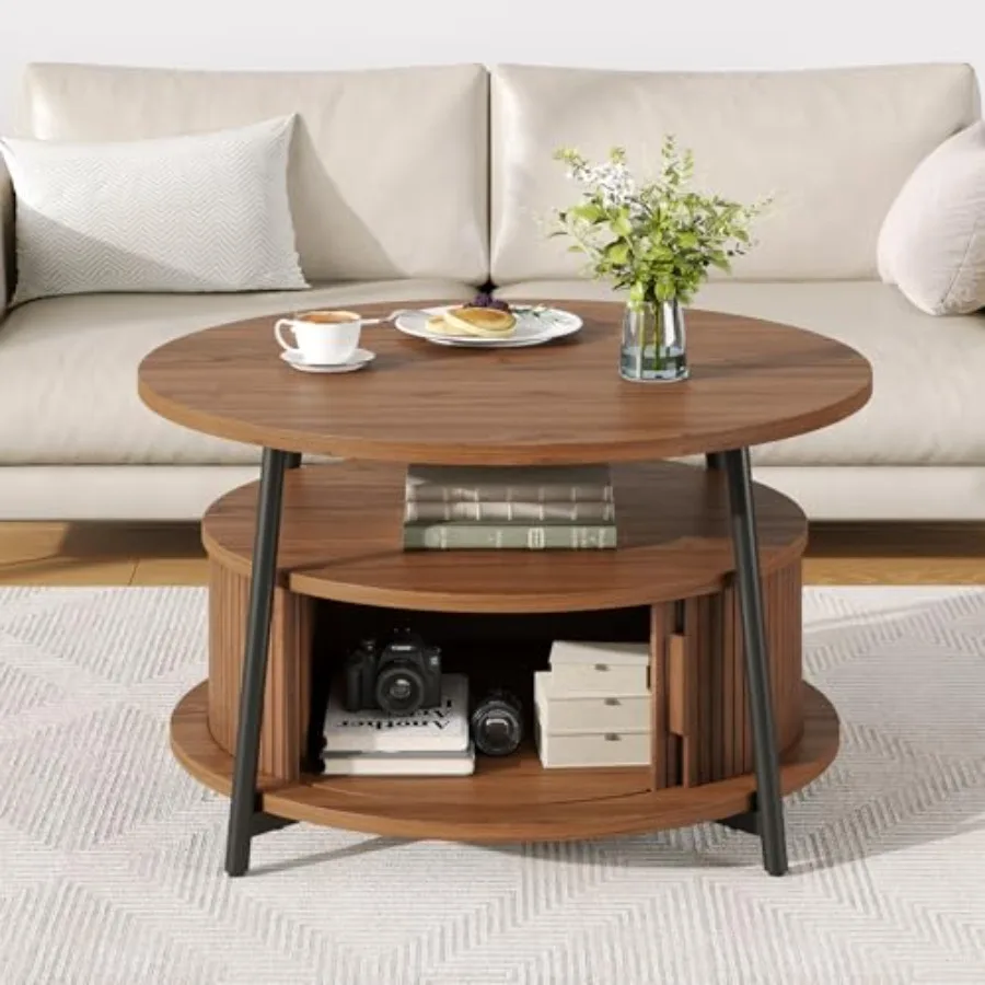

31.5 Inch Round Coffee Table with Storage, Fluted Coffee Tables with 2 Tiers, Mid-Century Modern Center Table with 2 Sliding Do