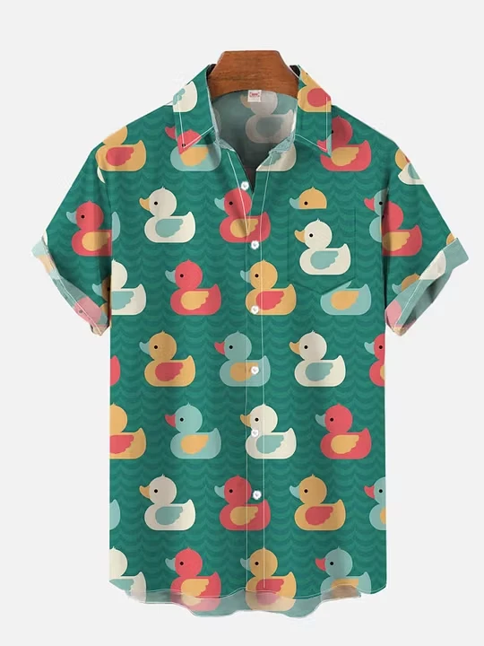 2026 Men's Shirt Cute Rubber Duck Print Short Sleeve Turn Down Collar Loose Summer Vacation Casual Tops Mens Clothing