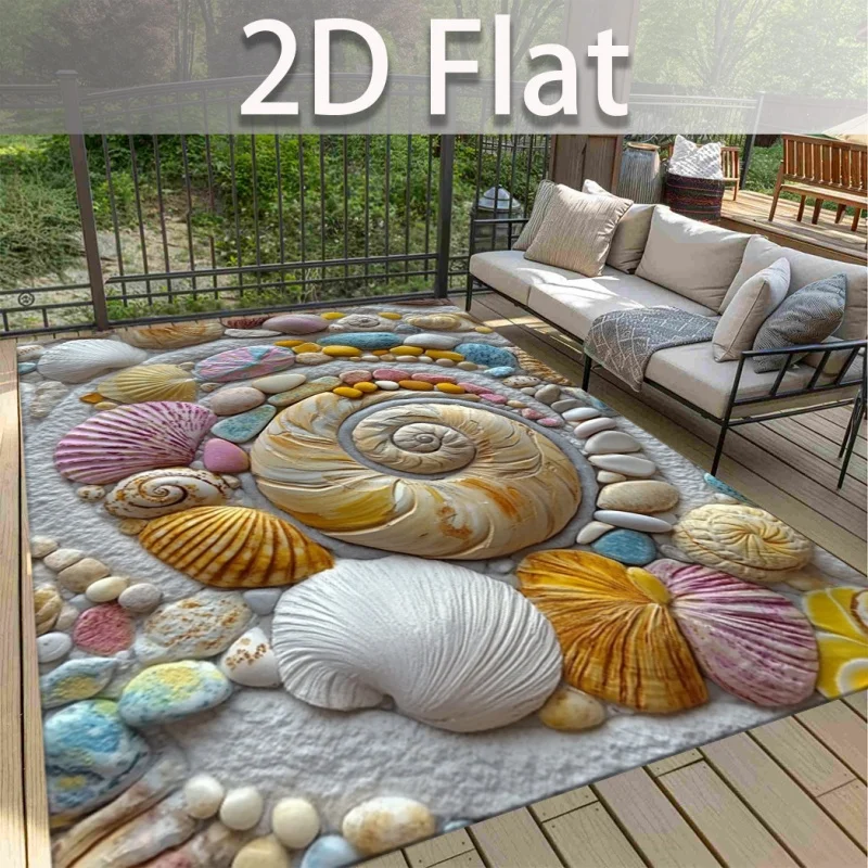 Seashell Conch Pebble Coastal Outdoor Area Rug, Nautical Beach Shell Non-slip Waterproof Rug for Patio Balcony Courtyard