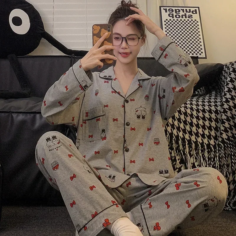 بيجامة سانريو ربيعية غير رسمية مكونة من قطعتين ملابس منزلية هالو كيتي ملابس منزلية سانريو بيجامات هالو كيتي الكرتونية اللطيفة