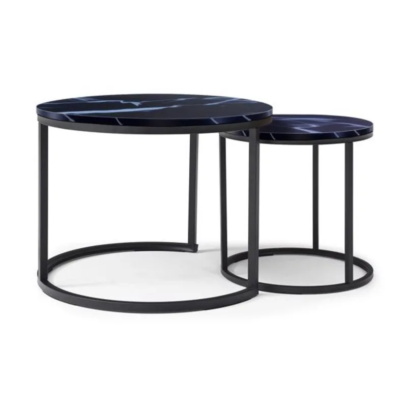 2-Piece Coffee Set Nesting Tabletop Black Frame Round Marble Pattern Wooden Table Modern Industrial Style Simple Bedside