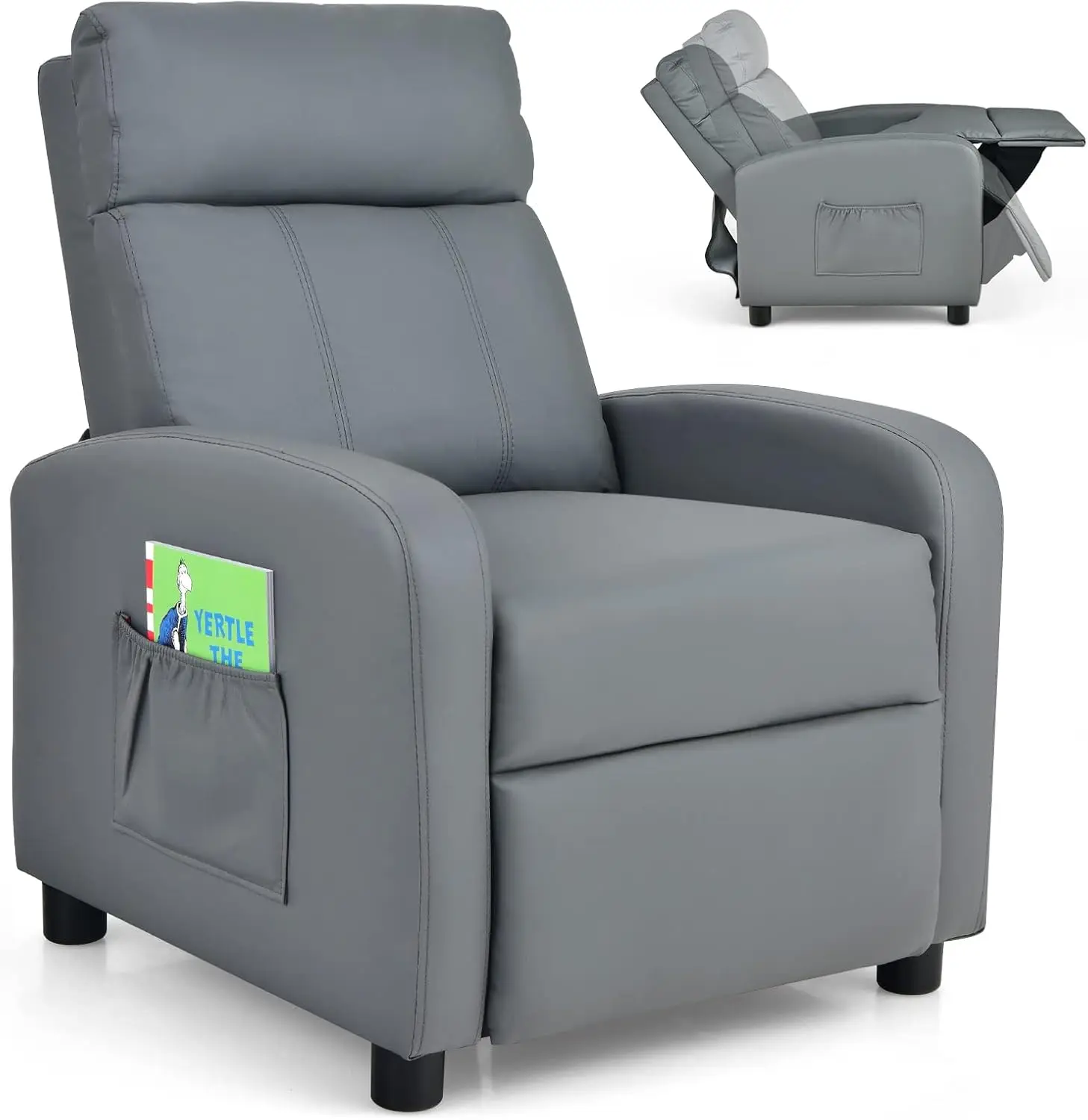 Fauteuil inclinable réglable en cuir PU pour enfants, chaise longue avec poches latérales, repose-pieds, repose-sauna pour chambre et salle de jeux, facile à nettoyer, P