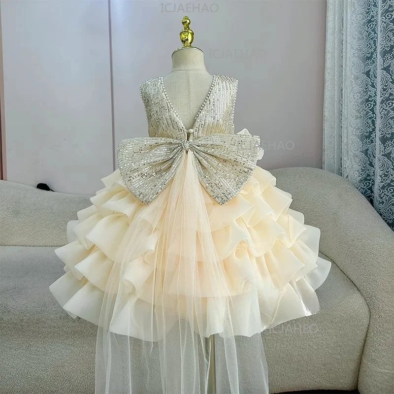 Childrens Girls Formal Dress Luxury Champagne Gold Short Sequins Big Bow Princess Dress Flower Girl Host Piano Performance Gown