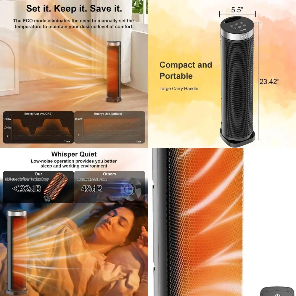 

70° Oscillating 24-Inch Tower Heater with Remote, 12H Timer, 1500W Quiet Ceramic, Thermostat for Home & Office