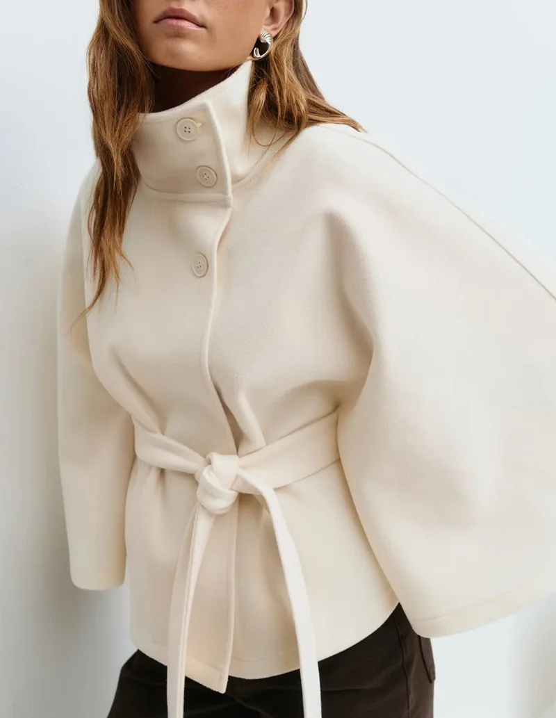 GC 2026 Fall Winter Women Solid Cape Windbreaker, Stand Collar Button Belt Decor European American Fashion Outerwear