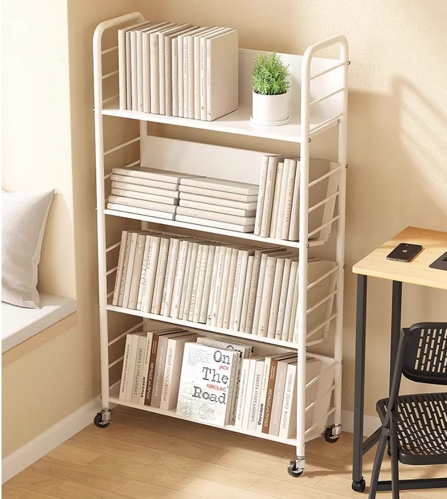 Bookshelf floor shelves can be moved with wheel multi-layer picture book shelf simple iron art against the wall small bookcase