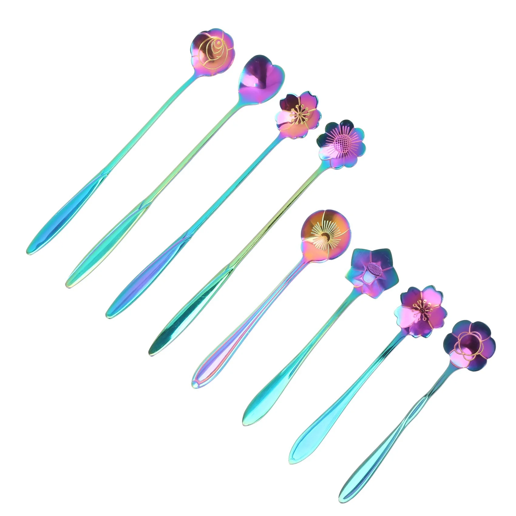 A7THK-16Pcs Flower Spoon Set, 2 Different Size Colorful Stainless Steel Teaspoons Rainbow Coffee Stirring Spoon