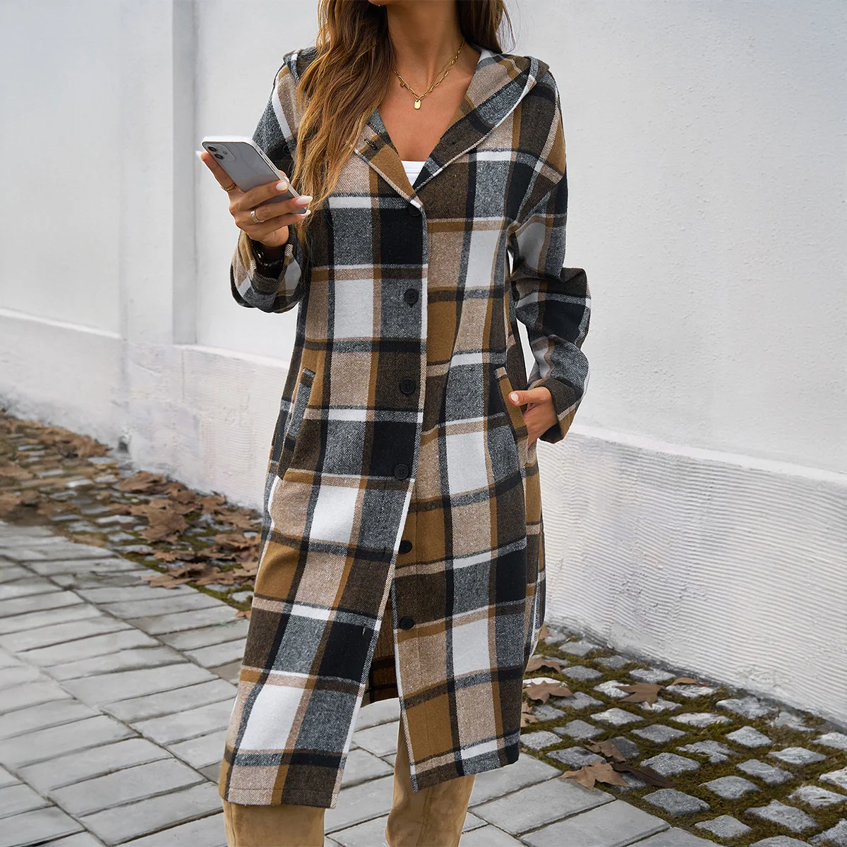 Women's Casual Long Jackets Loose Plaid Print Contrast Color Hooded Trench Coat Long Sleeve Plaid Single Button Woolen Overcoat