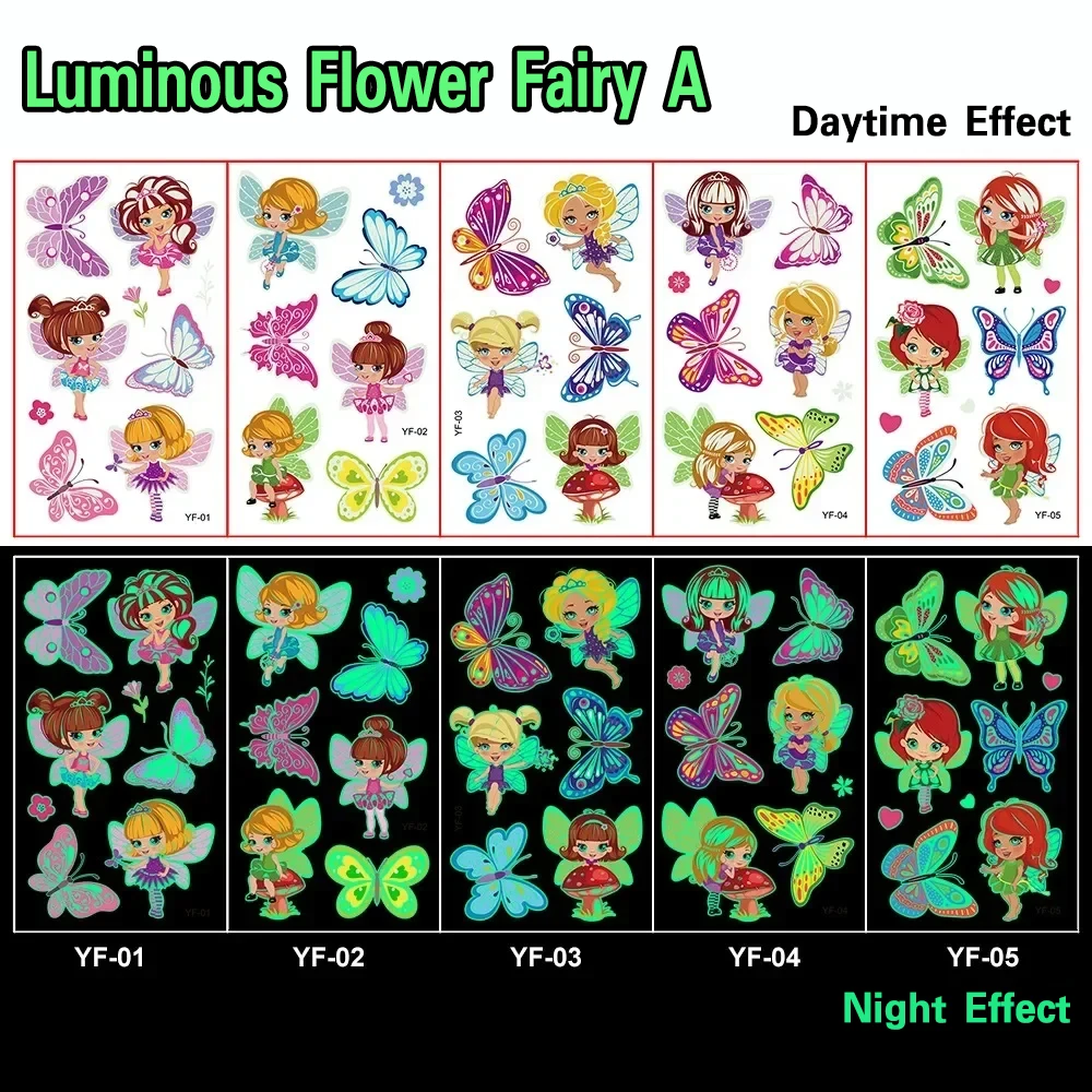Luminous Tattoo Stickers Temporary Colorful Animal Mermaid Dinosaur Unicorn Space Cute Tattoo Stickers  Body 5pcs/Set