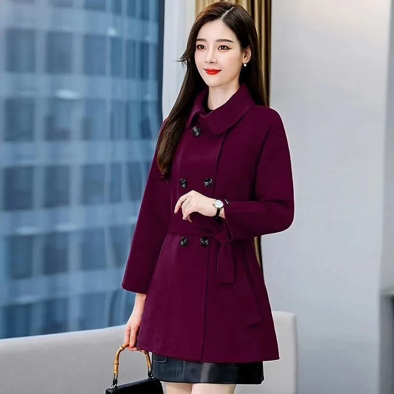Fashion Woolen Jacket Women's Overcoat Spring Autumn New Casual Waist Belt Double Row Slimming Woolen Windbreaker Jacket Outwear