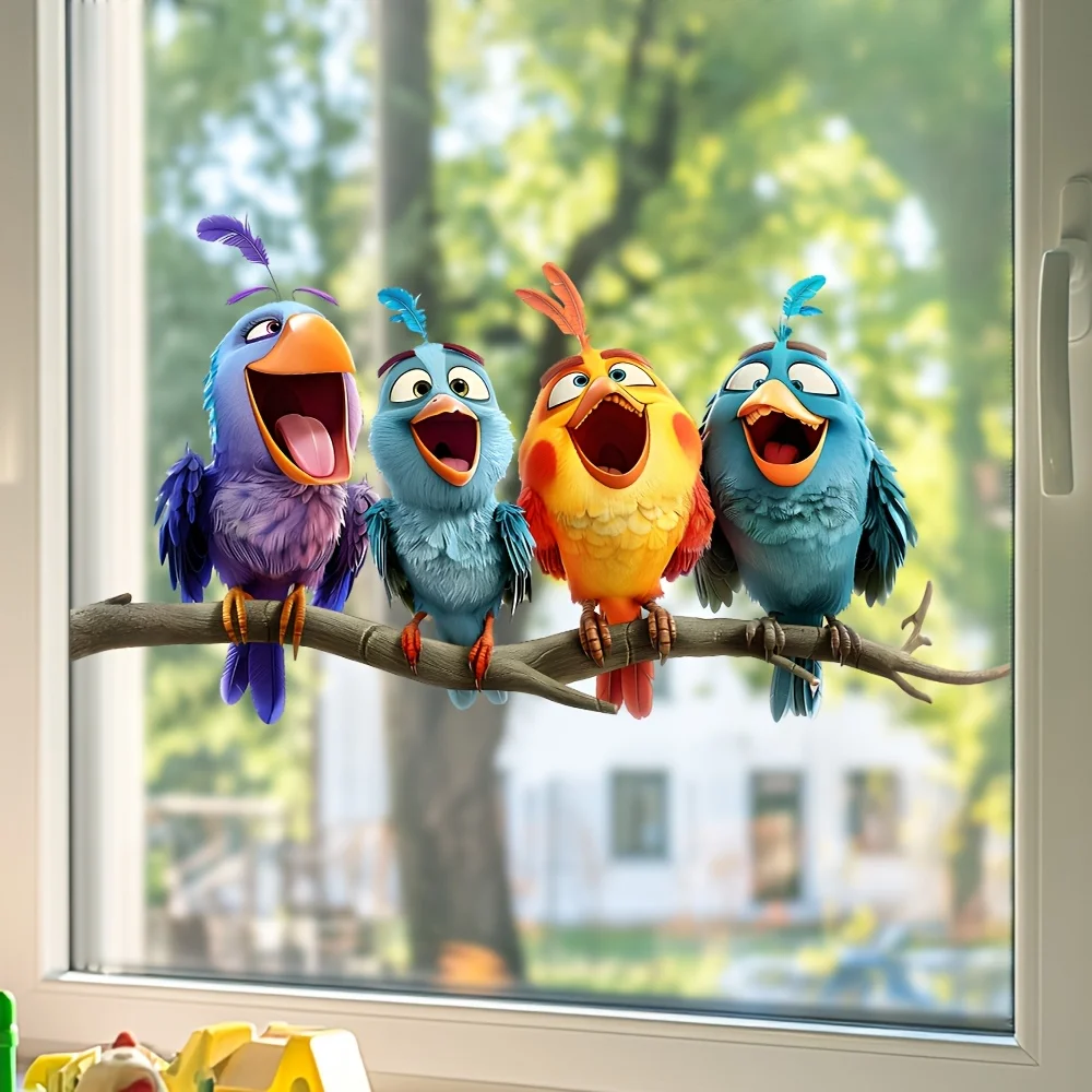 1pc 4 Singing Cartoon Birds Wall & Window Sticker,Self-Adhesive Decorative Sticker,Suitable for Windows,Doors,Bedroom,LivingRoom