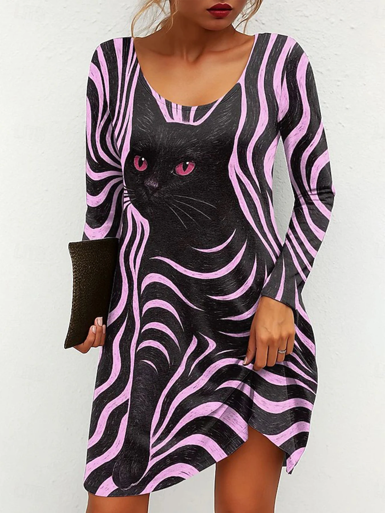 Mini abito da donna con grafica divertente gatto, manica lunga, girocollo, maglietta, abito casual, linea ad A, lunghezza al ginocchio, abito a pieghe per la moda