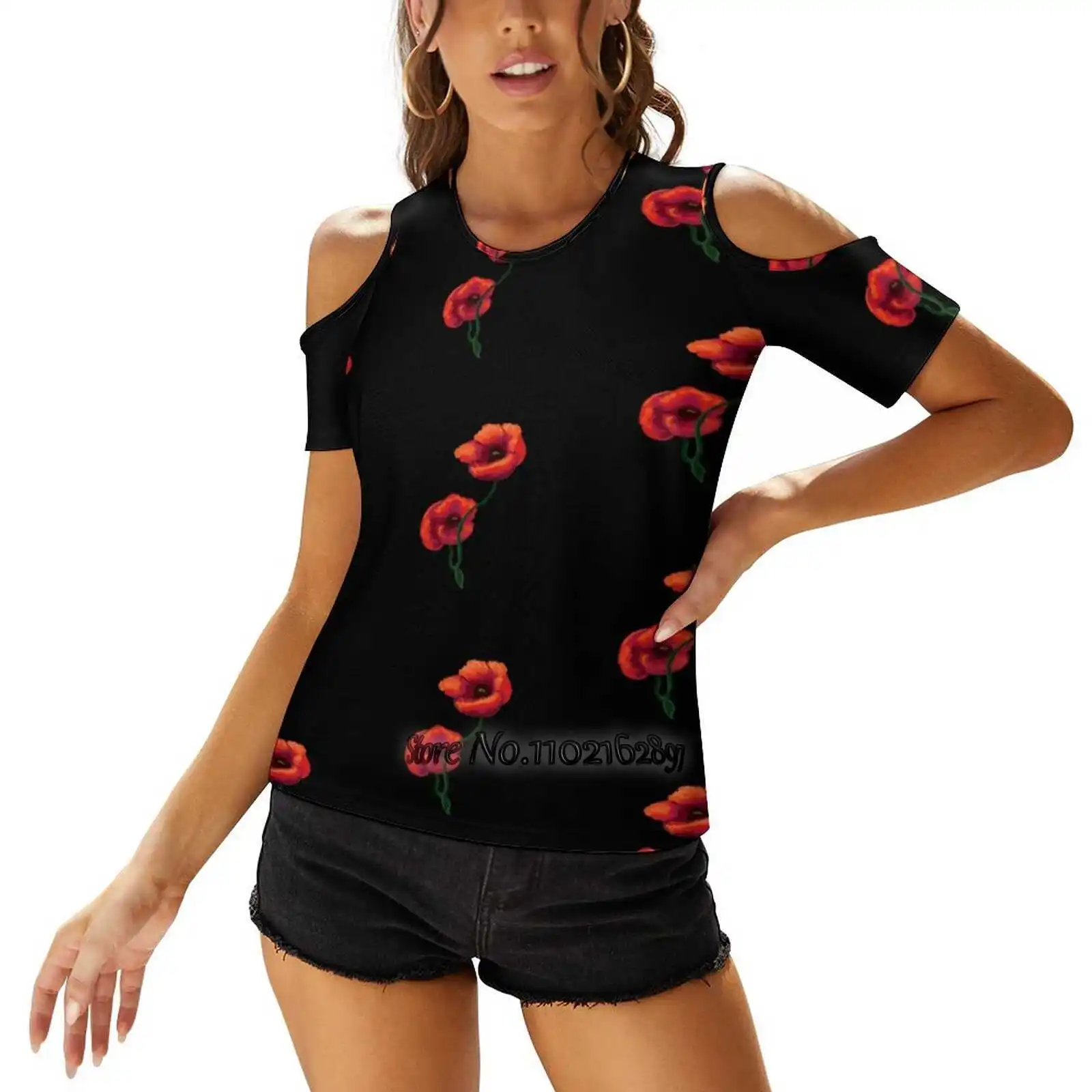 Poppy Design Women T-Shirt Back Lacing Sexy T Shirts Hollow Out Pullover Top Poppy Flowers Floral Pretty Plant Aesthetic