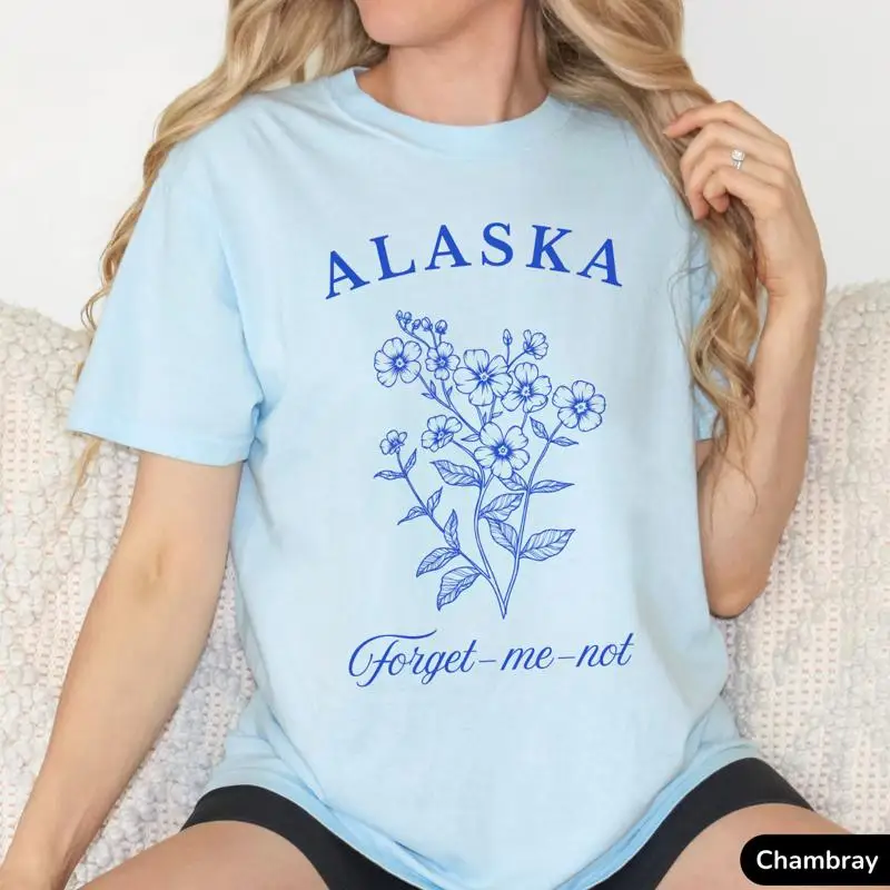 Camiseta floral de Alaska con diseño de flor de olvido-me-no-te-olvides, recuerdo de crucero en Alaska