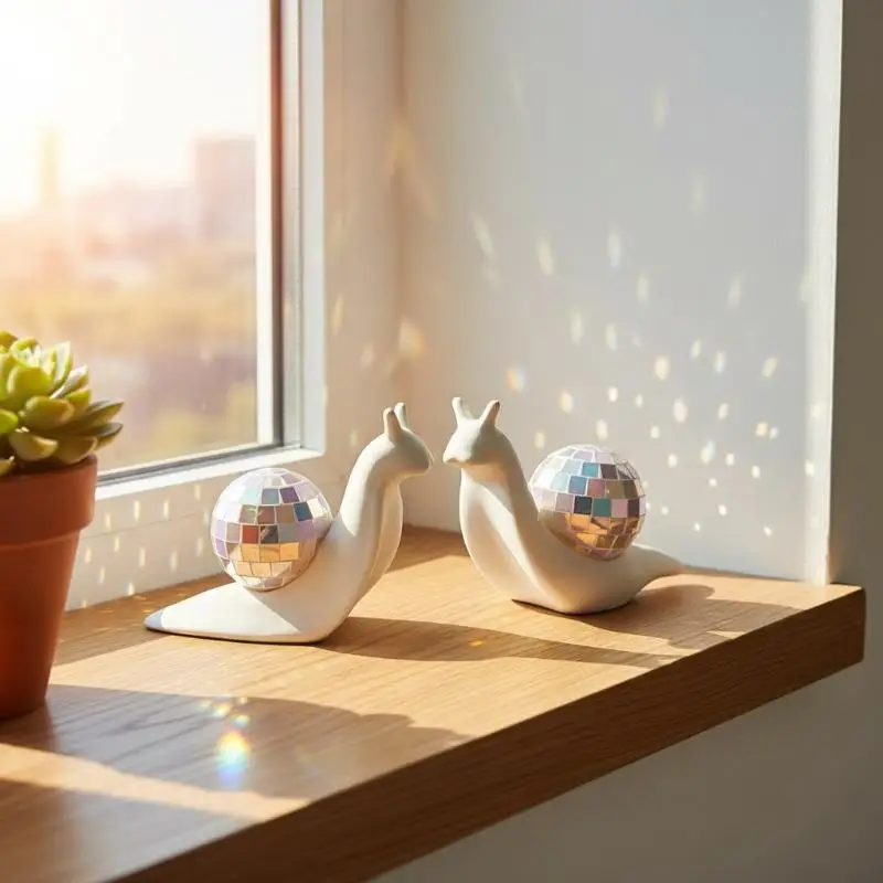 1/2 Pcs Miniature Snail Disco: Ball Sun Catcher Retro Style Animal Figurines Mirror Light Refraction