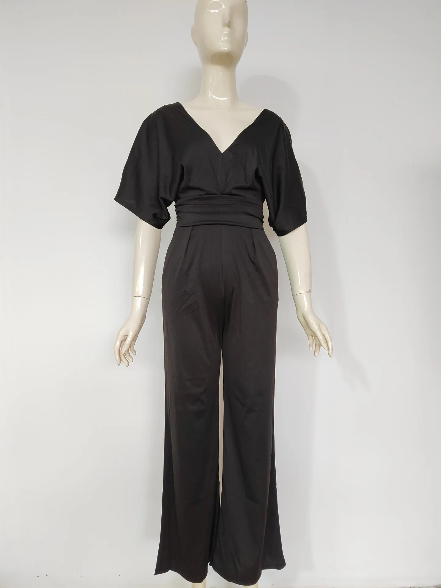 Winter Solid Color Deep V-neck Half Sleeves High Waist Wide Leg Jumpsuit With Pockets