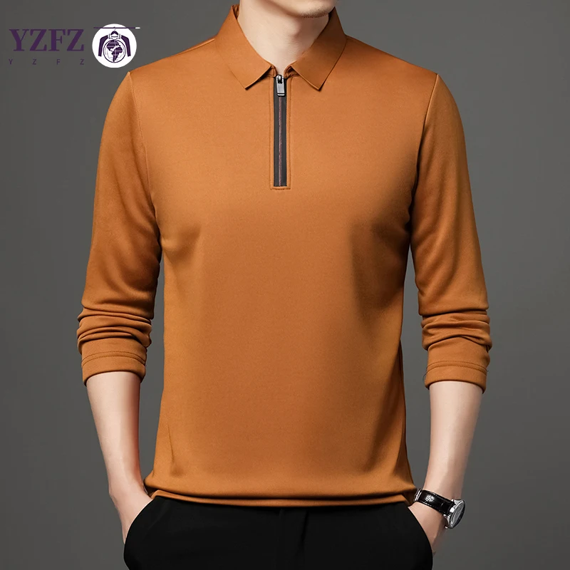 Solid Color Long Sleeve Polo Shirt Fashion Zipper Men\'s Polo Neck Top Cotton Polo Collar Long Sleeve T-shirt