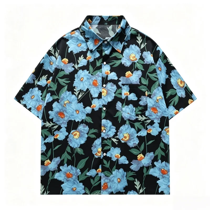 2026 Black Base Blue Poppy Flower Printed Short Sleeve Flower Shirt Retro Loose Vacation Style Collar Shirt Unisex