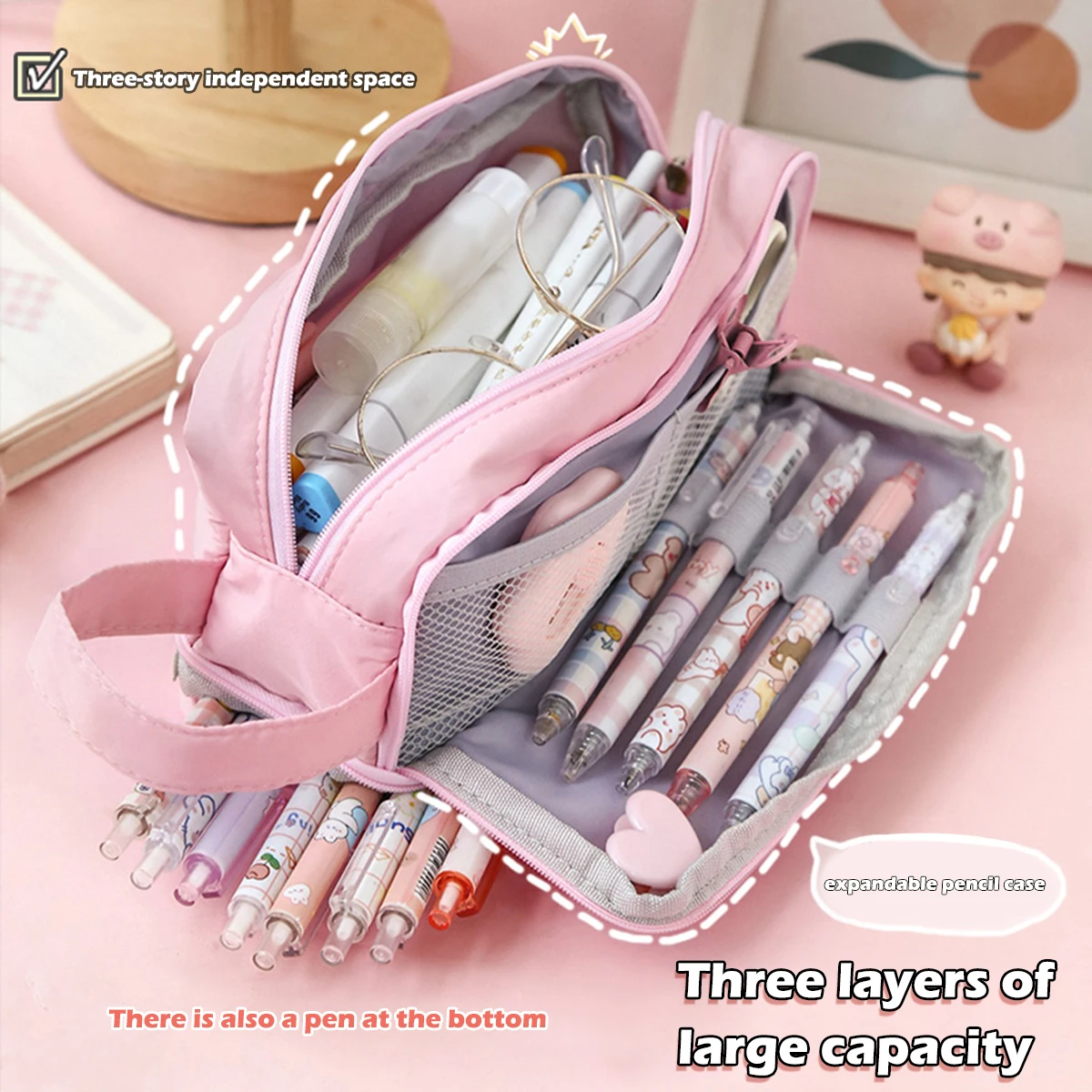 Kawaii Large Capacity Pencil Case Pouch Bag Double Layer Girls Pen Box Korean Stationery Back to School Supplies for Students