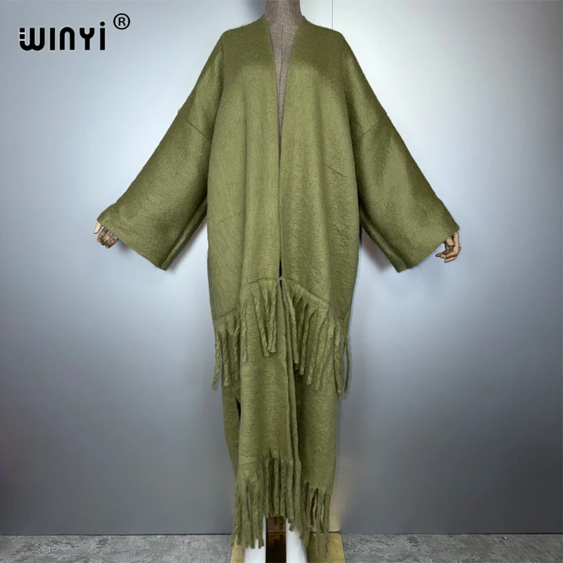 

WINYI зимний женский кардиган однотонный абайя Дубай роскошный меховой нейтральный пальто свободный кардиган пончо куртка с кисточками длинное пуховое кимоно