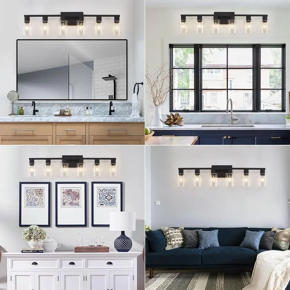 6-Light Clear Glass Shade Vanity Light Fixture باللون الأسود غير اللامع لمرايا الحمام الكبيرة والشمعدانات الجدارية