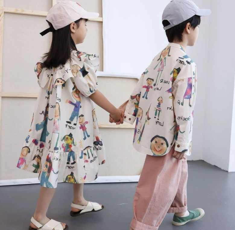 Retail 2024 Baby Kids Fashion Cartoon Dress & Shirt,   Children  Sweet  Cute Clothing   3-7T