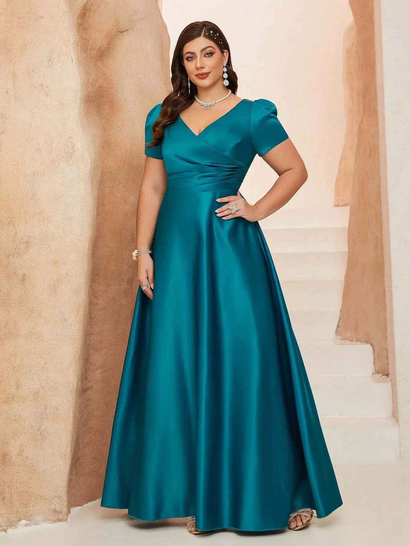 Mgiacy New Arrival V neck  Solid Color Bridesmaid Dress Ruched Puff sleeve Satin Long dress