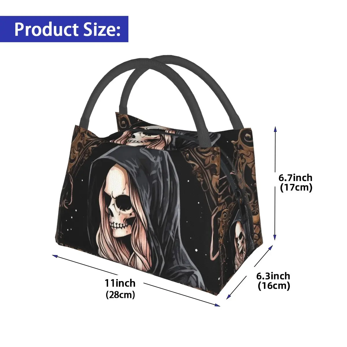 Gothic Skull Lunch Bag The Reaperess Retro Lunch Box For Child Travel Convenient Cooler Bag Print Thermal Tote Handbags
