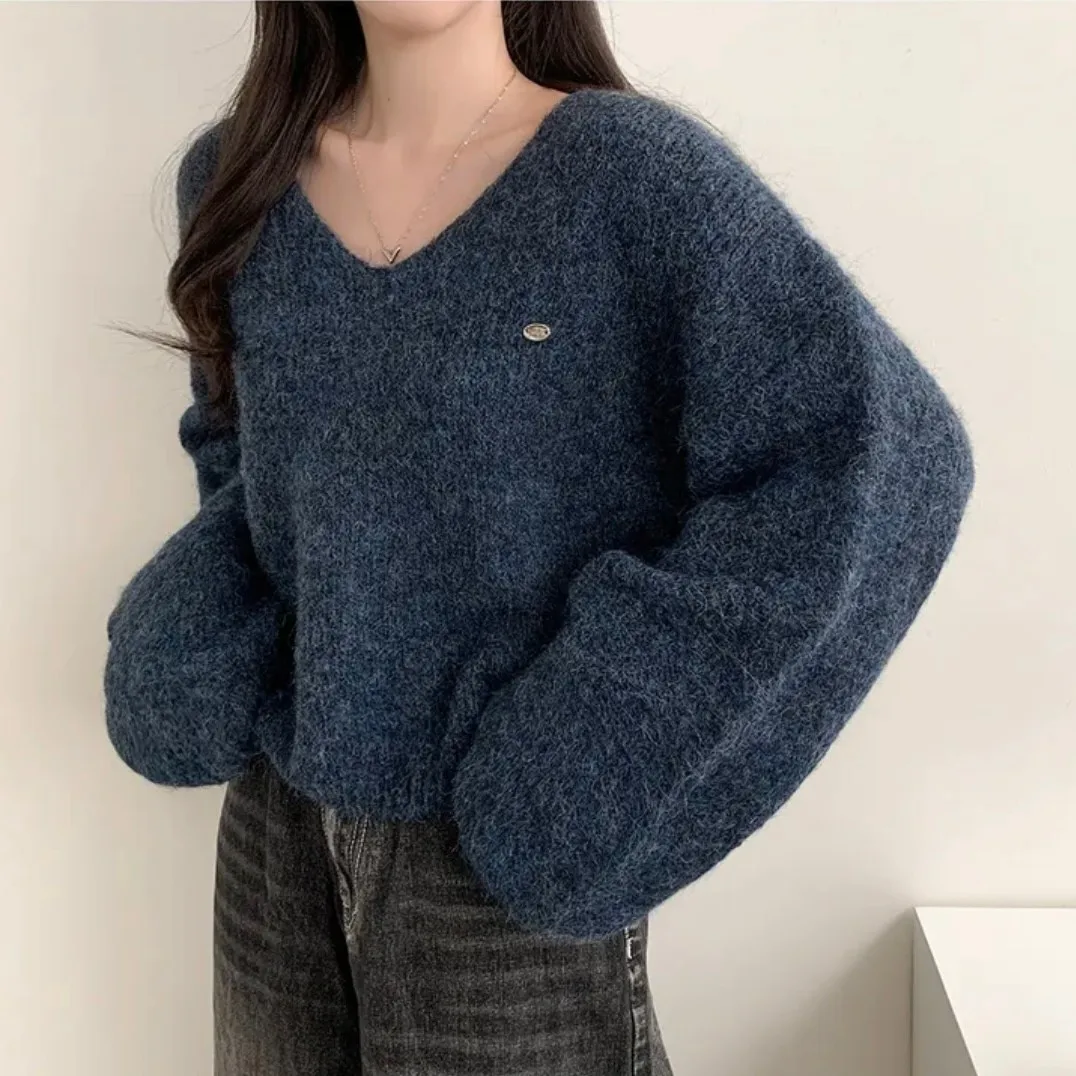 Suéter de Punto Peludo con Cuello en V, Estilo Hoado y Casual para Primavera/Otoño 2025, Versátil, Simple, de Manga Larga y...