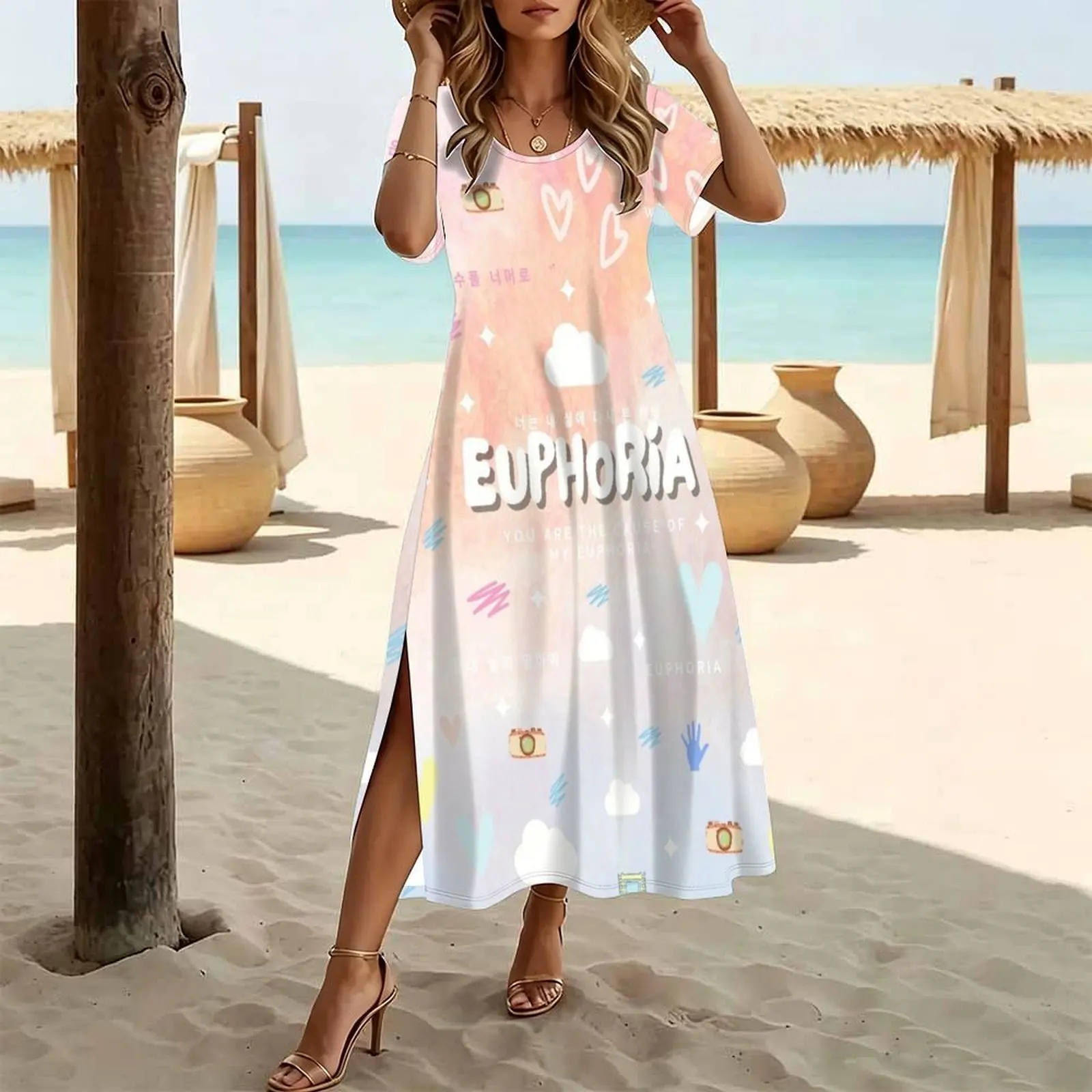 Euphoria, You are the cause of my euphoria Women's Round Neck Short Sleeve Split Long Dress