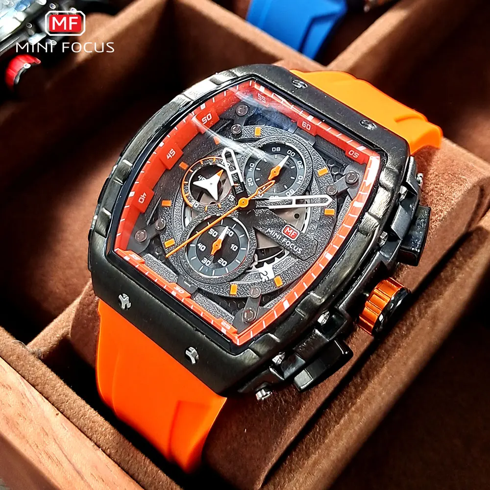 

MINI FOCUS Chronograph Quartz Watch for Men Tonneau Dial Military Sport Wristwatch with Orange Silicone Strap Auto Date 0399