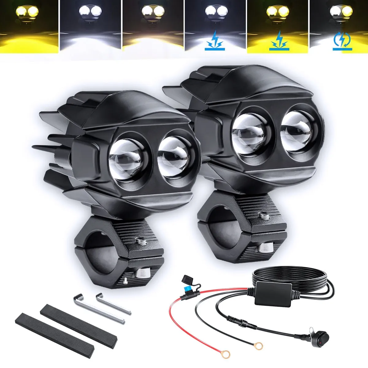 

Motorcycle Auxiliary Lights Kit White Amber Spot Driving Fog Lights Strobe 6 Modes with Switch Wiring Harness Clamp Brackets Kit