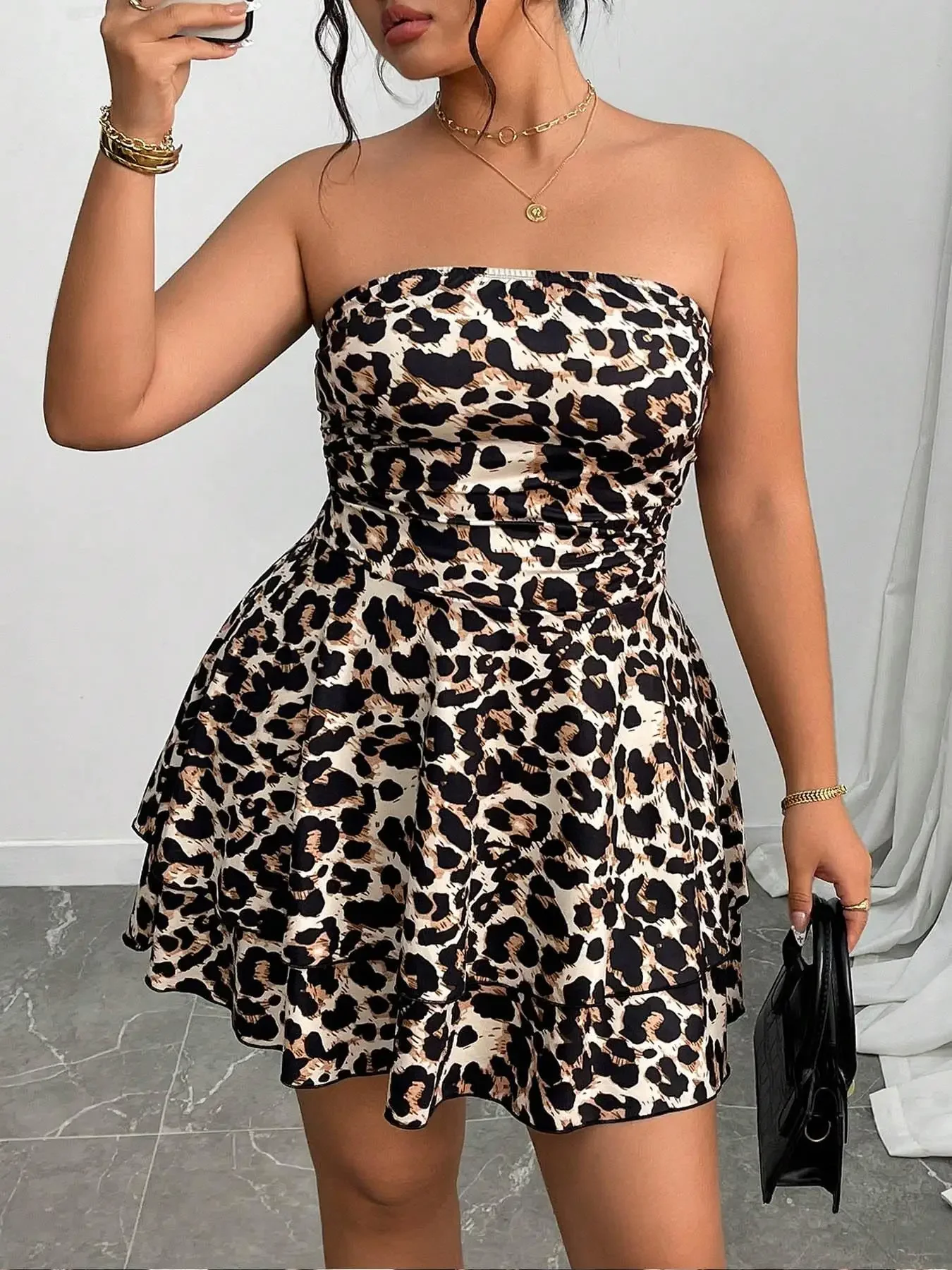 Vestido tubo de camada em camadas com estampa de leopardo, vestido curto casual sem alças para festa, clube, namoro, roupas femininas mais