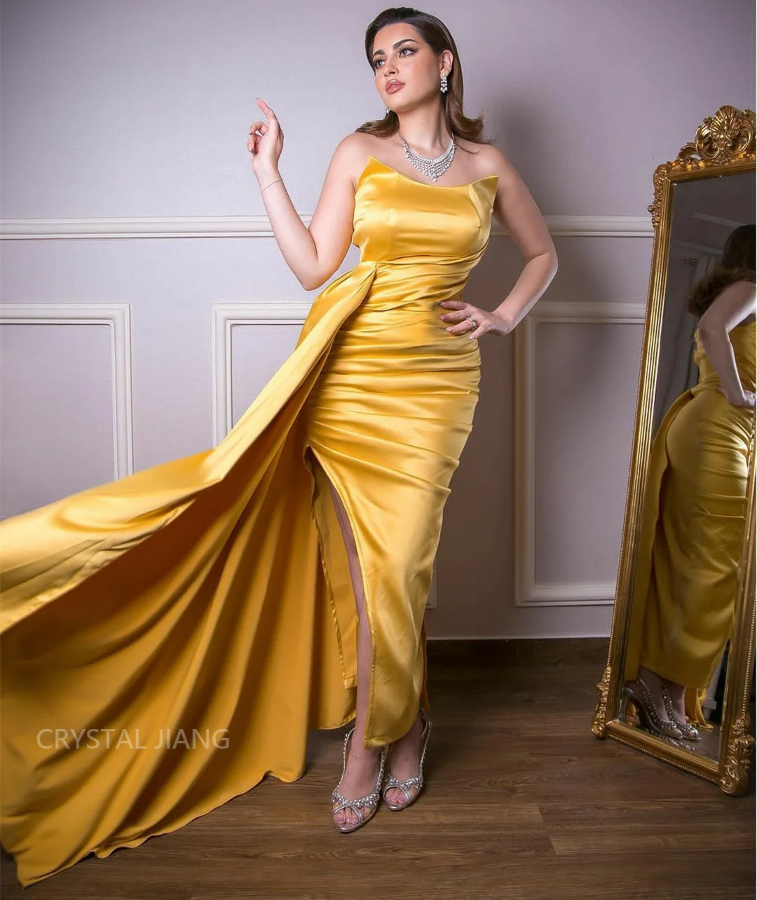 Robe de soirée longue jaune sans bretelles avec fente pour femme, robe de Rhsirène en satin, longueur au sol