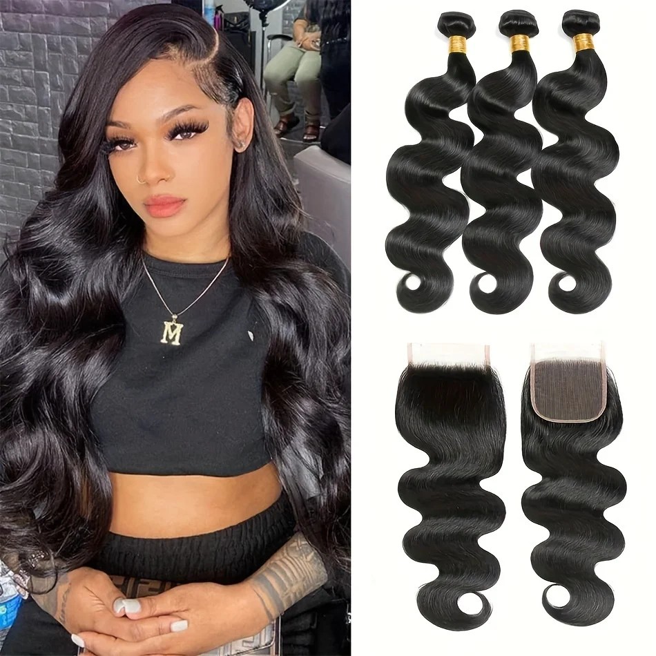 

Human Hair Bundles with Closure Free Part Body Wave Bundles with 5x5 Lace Closure Peruvian Human Hair 150% Density Natural Black
