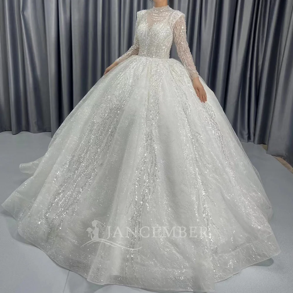 하이넥 프린트 웨딩드레스 클래식 볼 가운 플로어 길이 오간자 프린세스 볼 가운 맞춤 제작 웨딩드레스