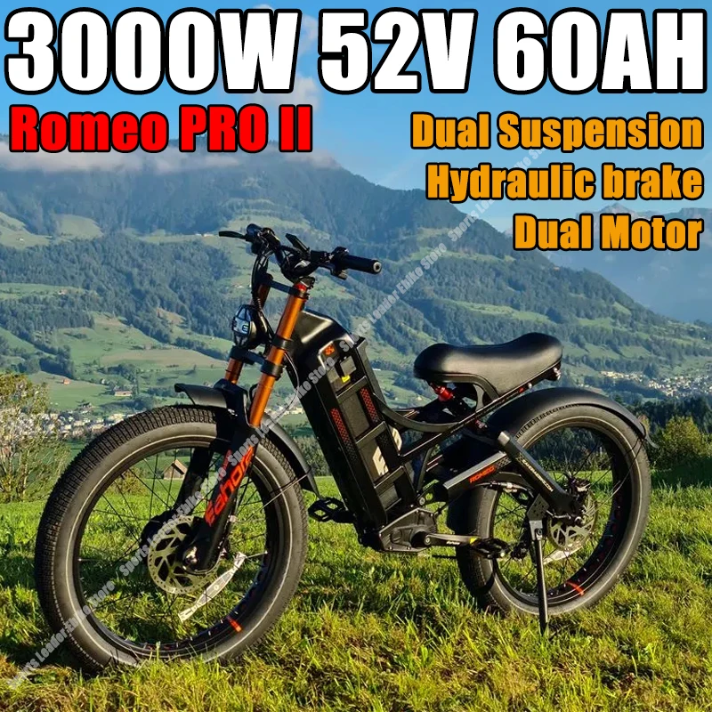 

Ebike Romeo Pro II 3000W Dual Motor 52V 60AH 26*4,0 Fat Tire электрические велосипеды горный внедорожный электрический велосипед с гидравлическими тормозами