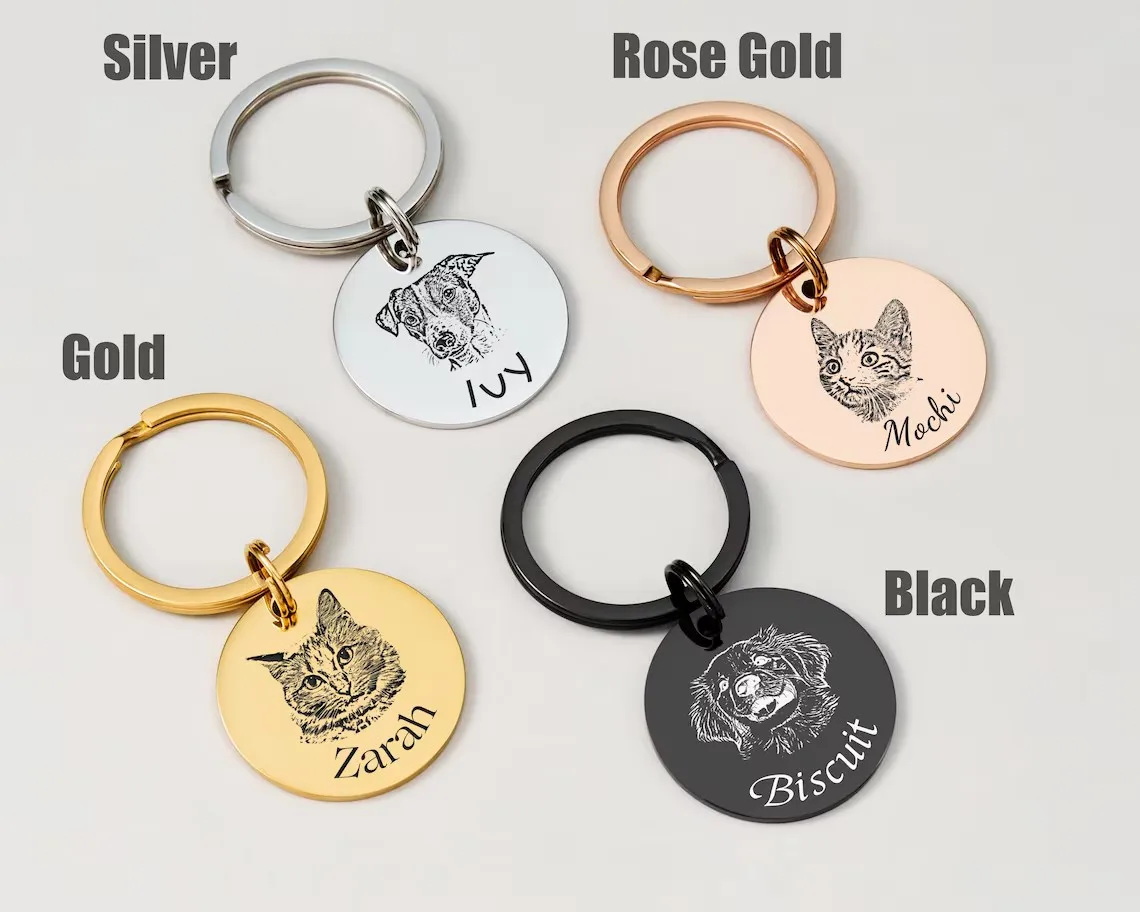 Custom Engraved Pet Portrait Stainless Steel Keychain, Personalized Dog Cat Memorial Sketch Tag Gift for Pet Lovers view 5