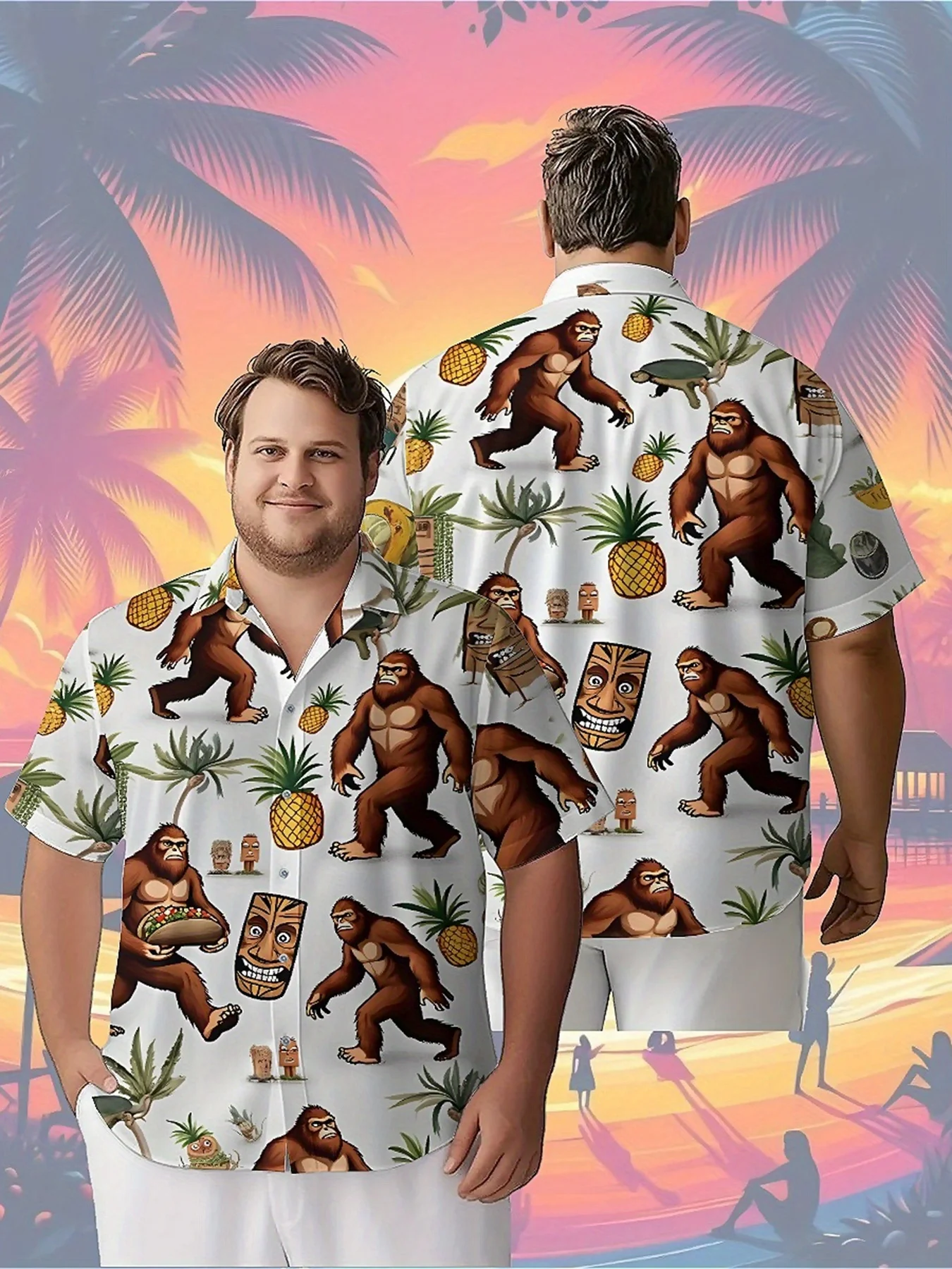 Men's Plus Size Hawaiian Shirts Sasquatch Tropical Pineapple with Tiki Mask pattern,Premium Comfort Youth Clothes,Streetwear Top