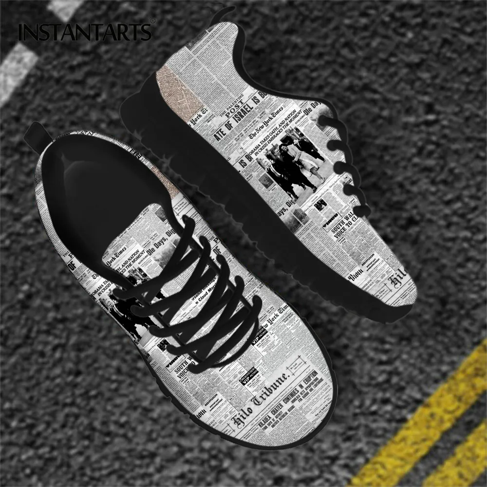 Vintage Newspaper Print Lace up Sneaker Casual Shoes for Women Light Walk Flat Running Jogging Shoe Breathable Mesh Footwear