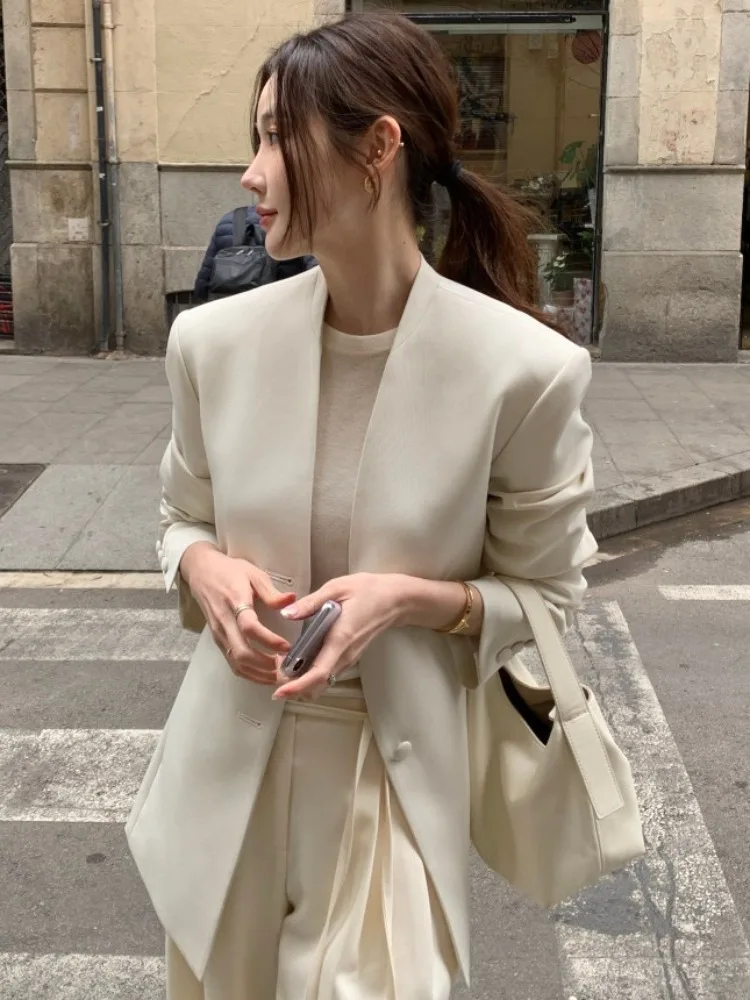 

Korean Sle Women's Loose Fit Long Sve Suit Jaet Spring New Vintage Casual Top High-End Feeling Ele Outerwear