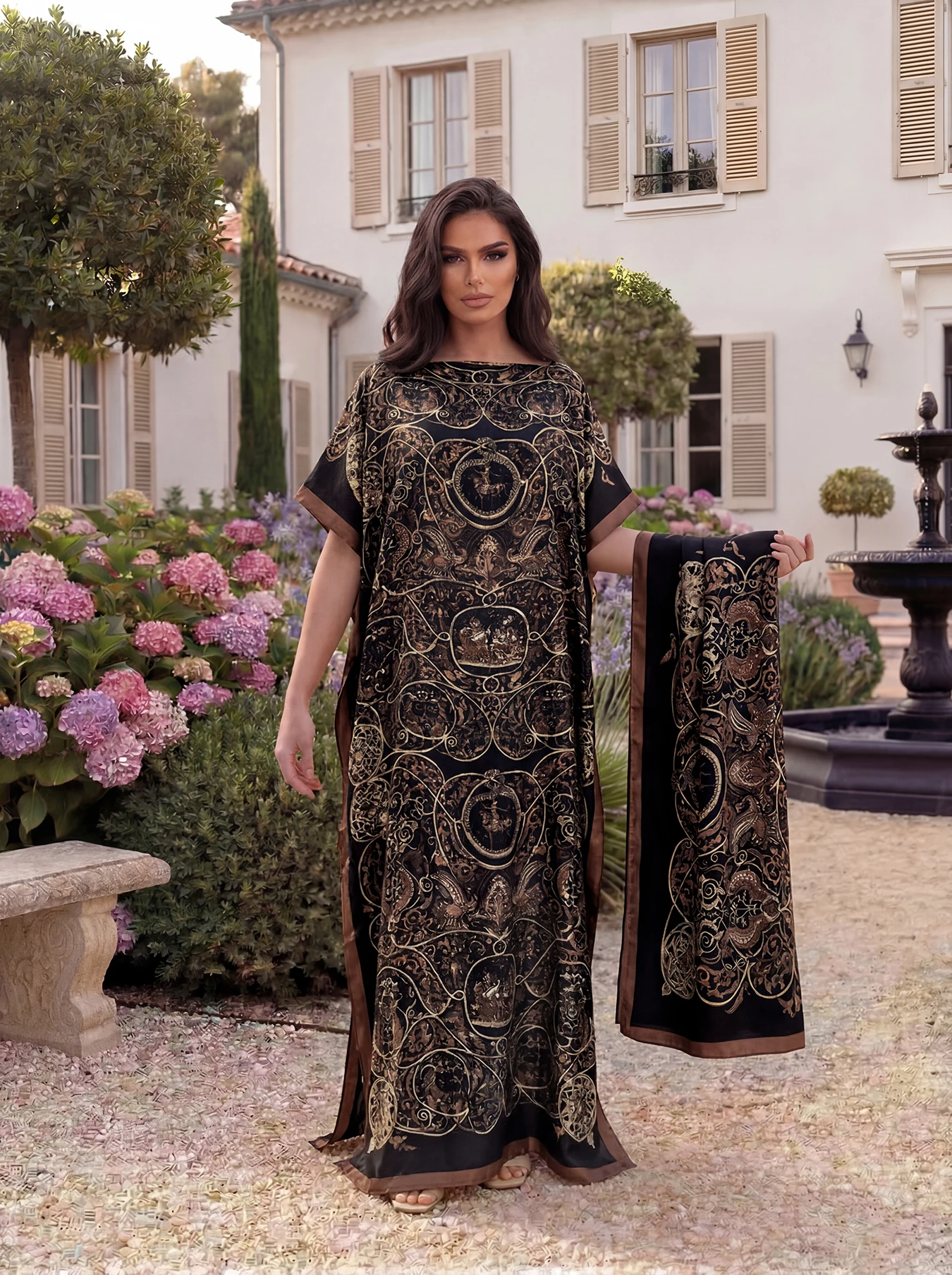 Abaya vintage con estampado animal barroco y pañuelo, caftán maxi holgado para mujeres musulmanas africanas, ropa de verano para la playa y vacaciones.